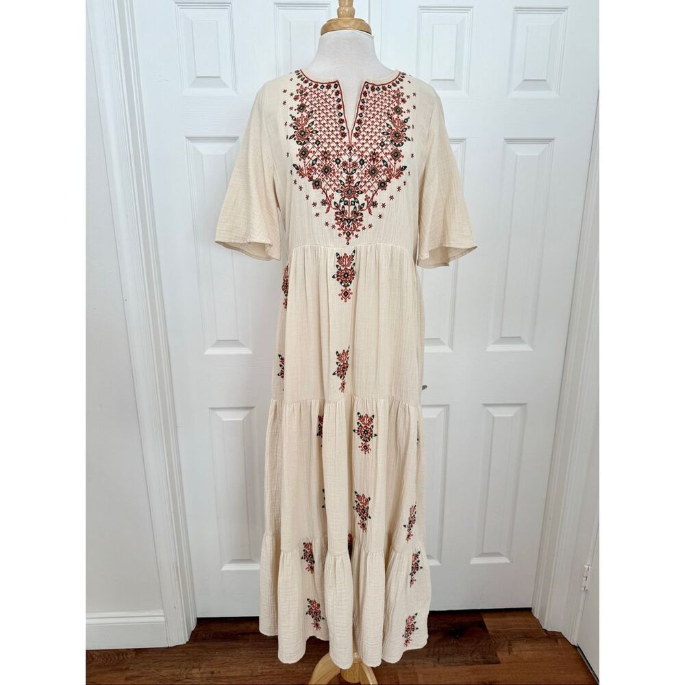 Soft Surroundings Womens Cream Bellmore Gauze Embroidered Maxi Dress Size Medium